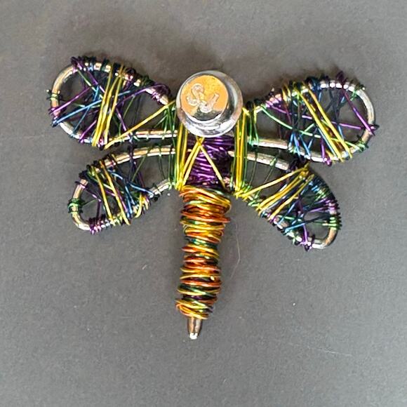Signed SJ Wire Wrapped Dragonfly Scatter Pin Brooch Handmade Silver 2" - Picture 3 of 3